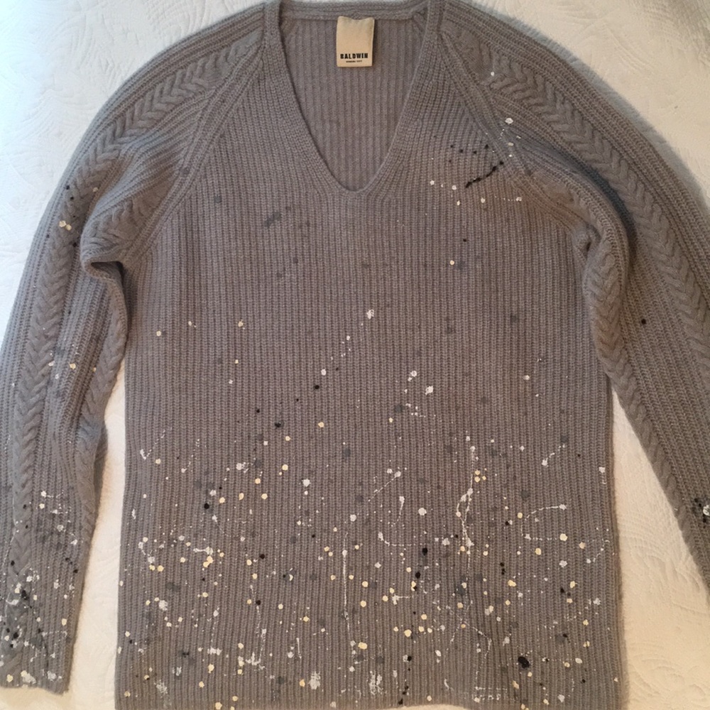 Women’s grey v neck paint splattered sweater